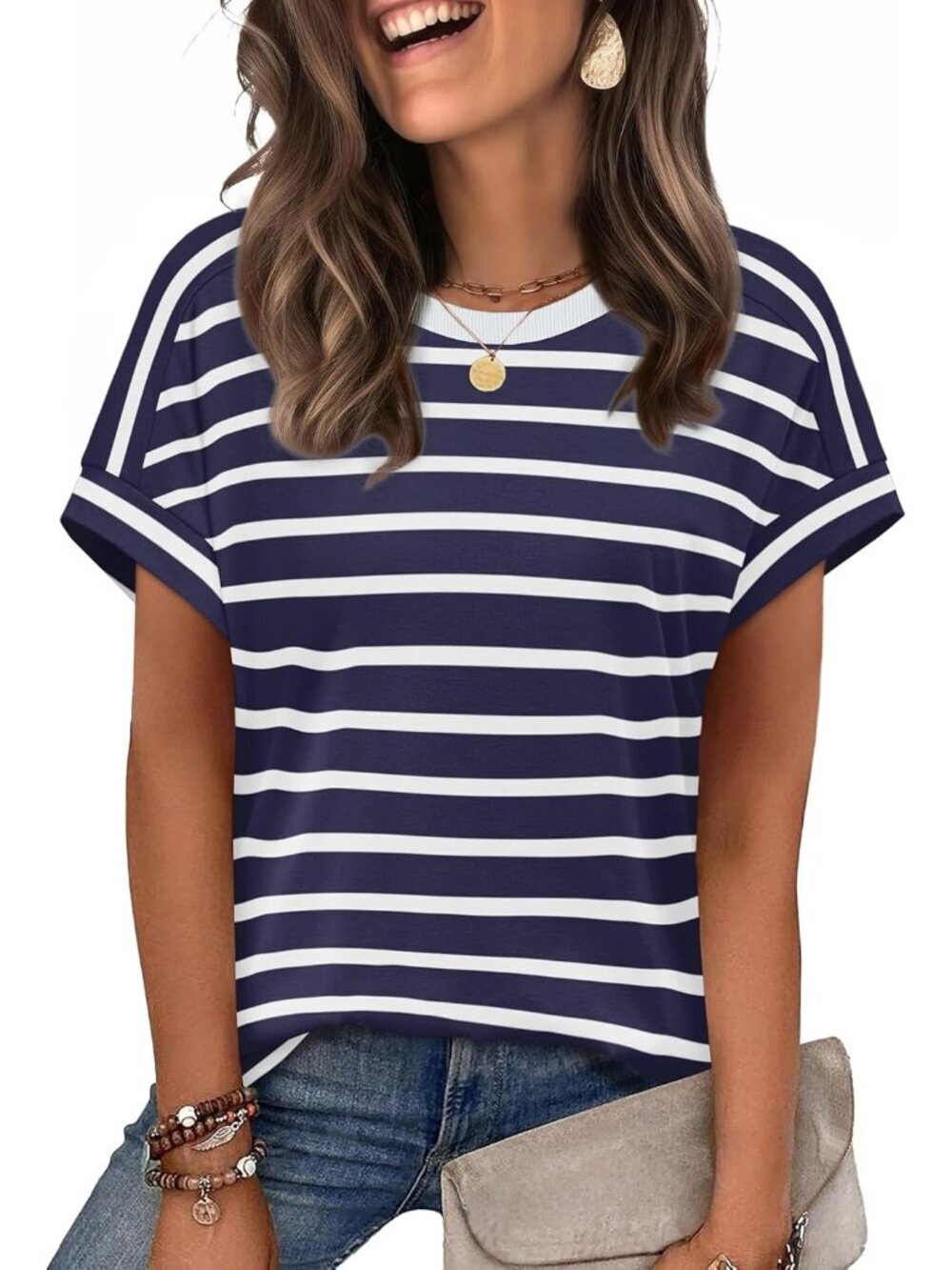 Women's Navy Stripes Summer Outfits Cloth Pull On Top Short Sleeve Casual Shirt